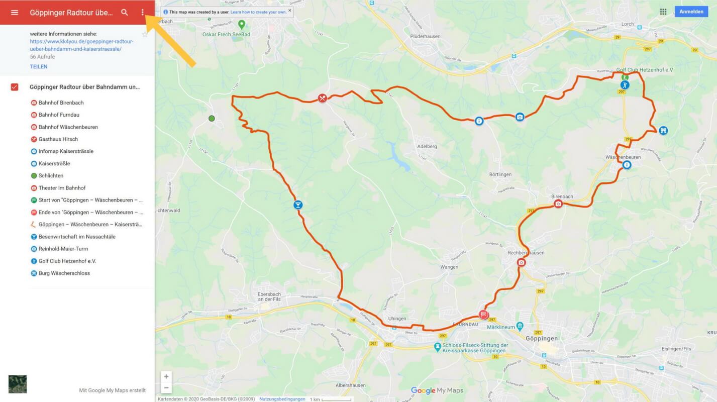 Google Maps Darstellung der einzelnenr Radtouren mit allen POIs